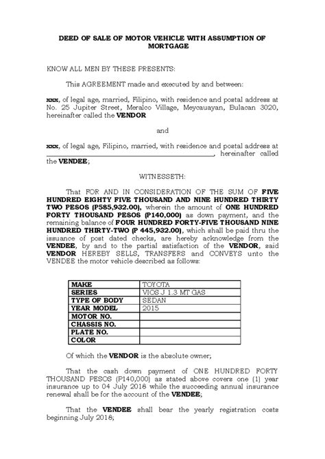 Deed of sale of motor vehicle with assumption of mortgage - DEED OF ...