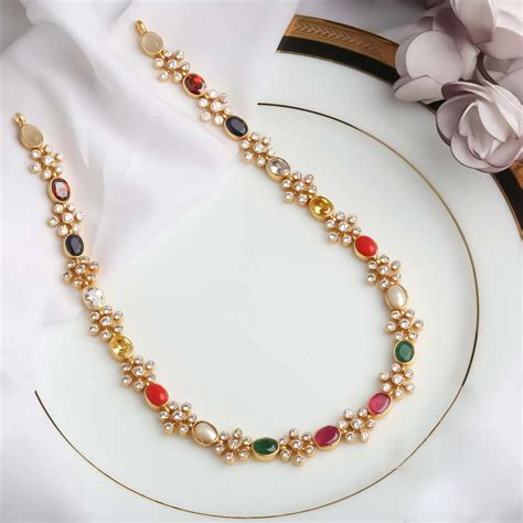 Buy Single Line Navarathna | 92.5 Gold Plated Navarathna Necklaces ...