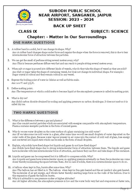 Backup Sheet for Class IX Science: Chapter 1 - Matter in Our ...
