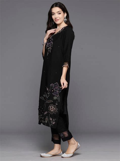 Women's Black Embroidered Straight Kurta Trousers With Dupatta Set ...