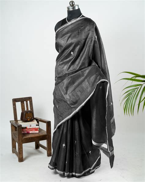 Embroidered black kosa silk Saree – chaitrahandlooms