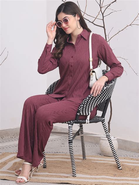 Co-Ord Set for Women - Purple Self-Design Tunic | Claura