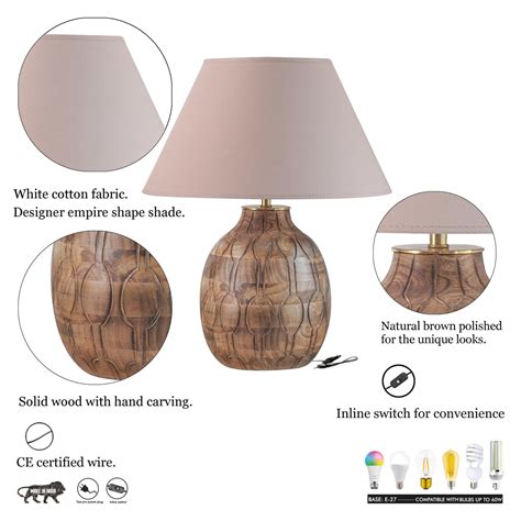 SAMSULA natural carved wood table lamp With Beige Cotton Fabric Shade ...