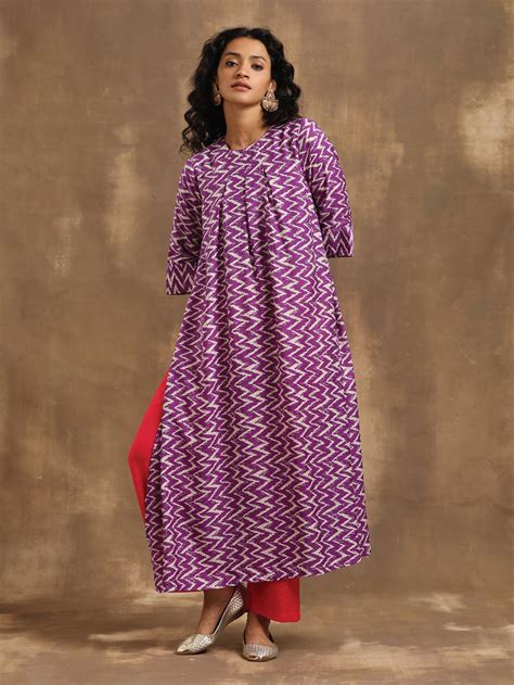 Purple Zig-Zag Printed Silk Kurta Pant Set