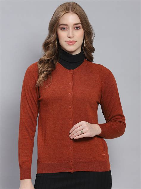 Buy Women Rust Solid Round Neck Full Sleeve Cardigans Online in India ...