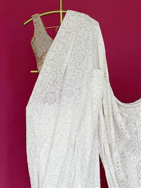 White Smitakshi Pure Georgette Chikankari Saree with All Over Mukaish ...