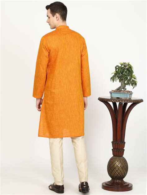 Buy Mustard Yellow Printed Silk Blend Kurta for Men – The Kurta Company