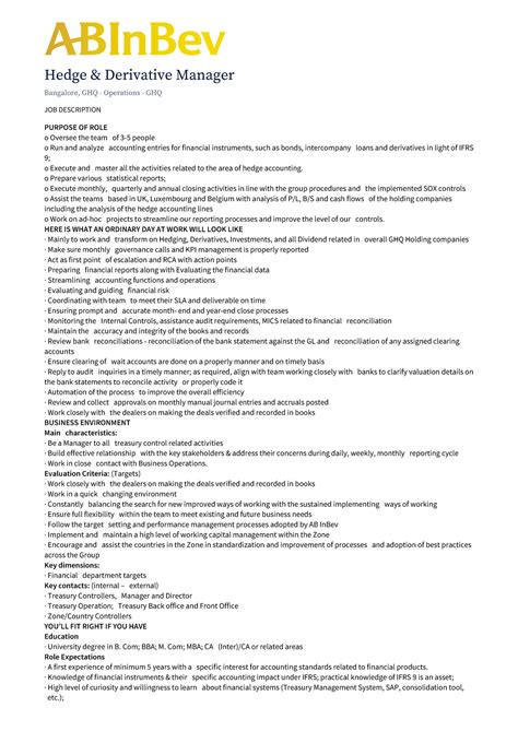 Job Description - Hedge & Derivative Manager Bangalore, GHQ ...