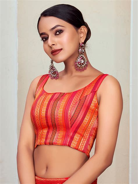 Orange Round Neck Sleeveless Padded Blouse with Gold Zari – House of Vardha