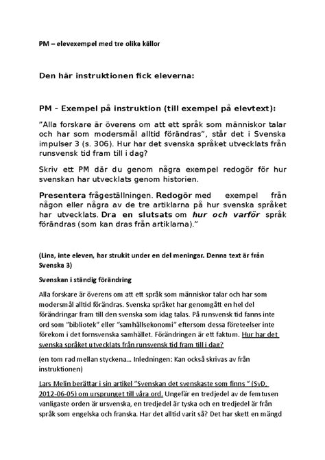PM - Elevexempel: Svenska språkets utveckling från runsvensk tid - Studocu