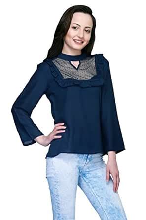 viola women's /womens Navy Blue Polyester Lace Panel Top : Amazon.in ...