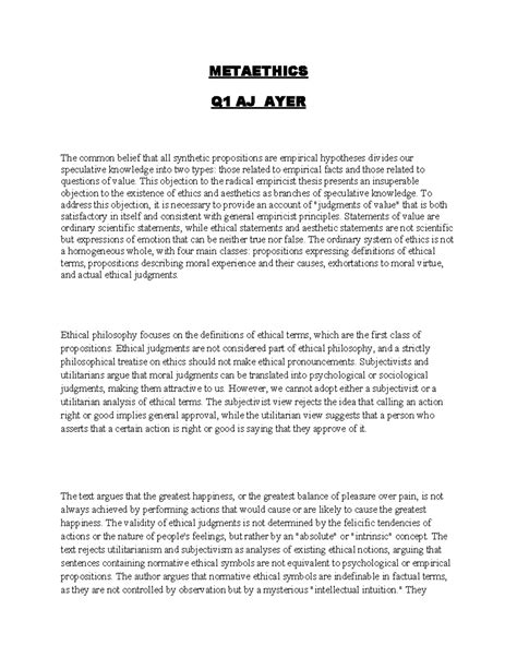 Metaethics - METAETHICS Q1 AJ AYER The common belief that all synthetic ...
