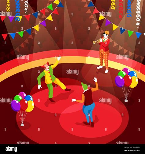 Circus performance with funny clowns playing trumpet and dancing on ...