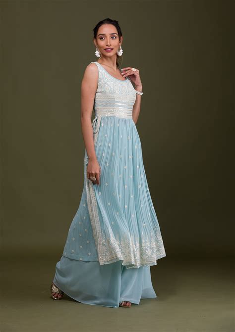 Buy Sky Blue Threadwork Georgette Readymade Salwar Suit - Koskii