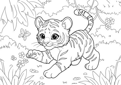 Young tiger playing with a butterfly - Tiger Coloring Pages