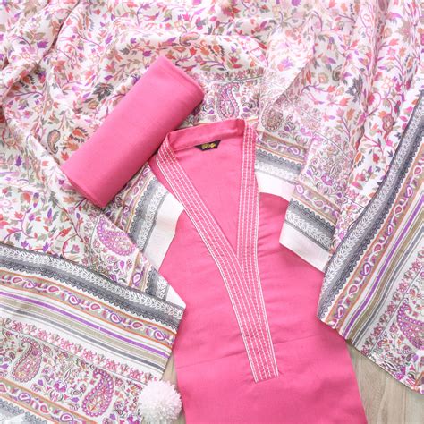 Rukshat Barbie Pink Running Stitch Work V Neck Cotton Flex Suit Set ...