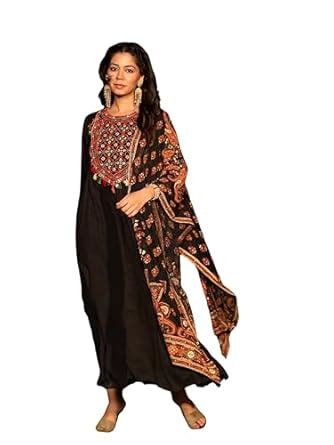 Buy Juniper Black Thread Embroidered Cotton Dress & Dupatta With ...