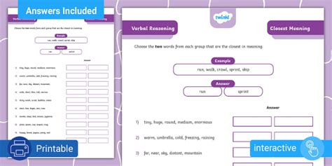 Verbal Reasoning - Closest Meaning - L3 - Twinkl