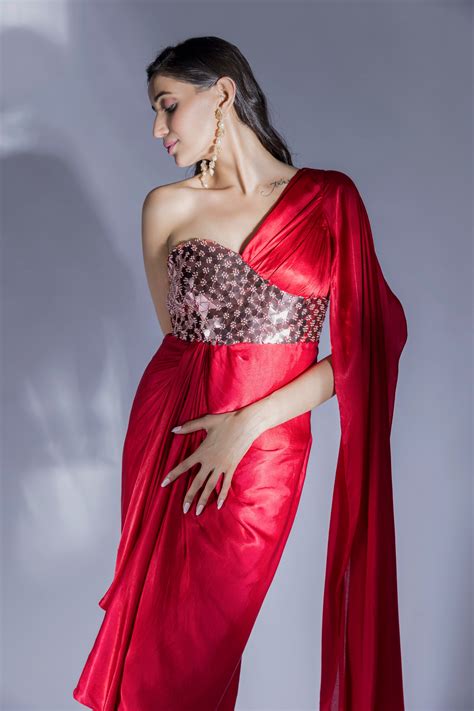 Red Embroidered Drape Dress – Masumi Mewawalla