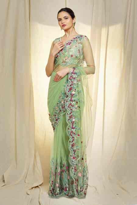 Buy Green Tulle Hand Embroidered Pearls V Neck Saree And Blouse Set For ...