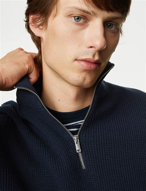 Cotton Blend Textured Half Zip Jumper