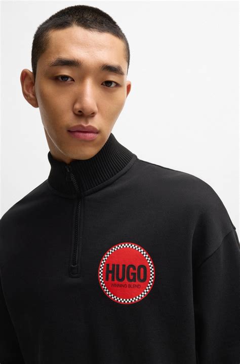 HUGO - Cotton-terry quarter-zip sweatshirt with logo print - Black
