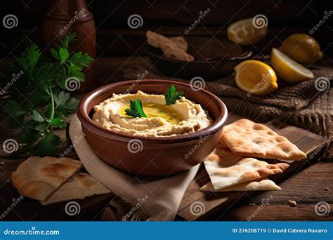 Chickpea Hummus and Pita Bread on Wooden Table. AI Generative Stock ...