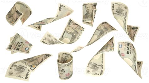 3D rendering of 10000 Japanese yen notes flying in different angles and ...
