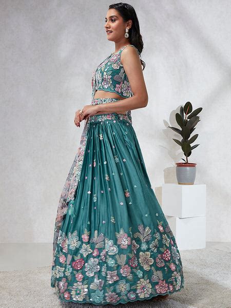 Captivating Turquoise Blue Sequinned Lehenga Choli Set - Mes