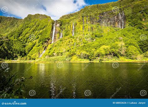 Azores Landscape with Waterfalls and Cliffs in Flores Island. Portugal ...