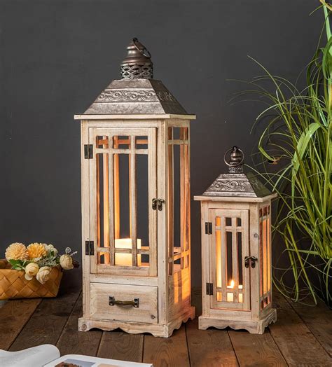 Amazon.com: TIMRIS Large Rustic Wooden Metal Decorative Lantern Set of ...