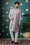 Buy Gray Silk Sequins, Embroidery Blossom Jacket And Sherwani Set For ...