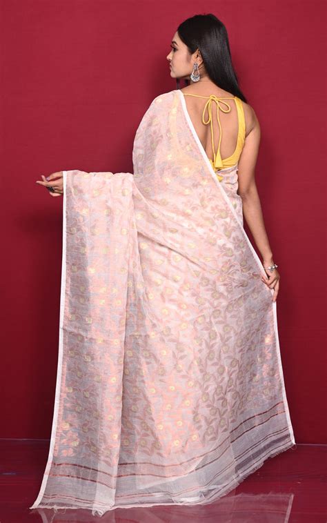 Traditional Floral Nakshi Work Soft Brocade Jamdani Saree in Off White ...