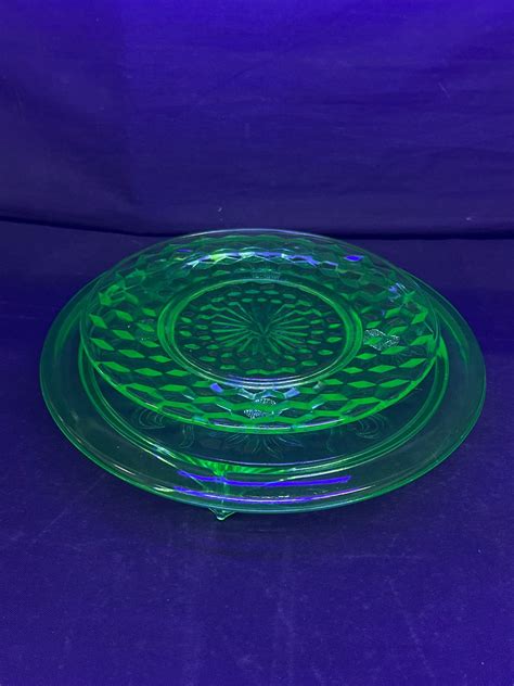2 Vintage Uranium Glass Plates - 8" Diam. & 10" Diam x 1.5"H