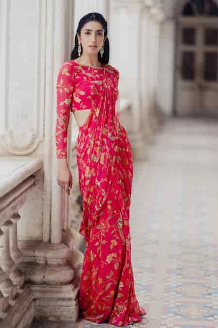 Buy Pink Georgette Round Pre-stitched Saree With Blouse For Women by ...