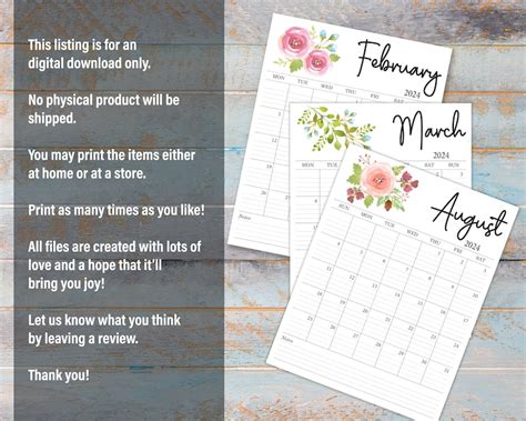 Buy 2024 Calendar Printable, Desk and Wall Calendar, Watercolor Floral ...