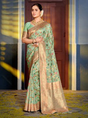 Buy Sangam Prints Sea Green Banarasi Silk Woven Work Traditional ...