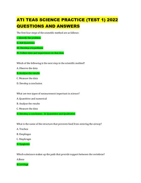 ATI TEAS SCIENCE PRACTICE (TEST 1) 2022 QUESTIONS AND ANSWERS ...