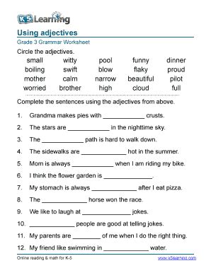 2023-2026 Form K5 Learning Grade 3 Adjectives Worksheet Identifying ...
