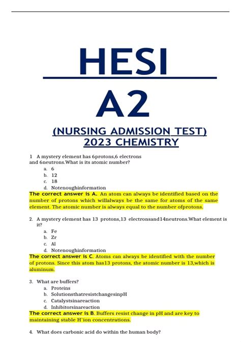 HESI A2 (NURSING ADMISSION TEST) 2023 CHEMISTRY - HESI A2 2023 ...