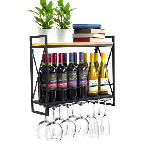Sorbus Wine Bottle Stemware Glass Rack, Industrial 2-Tier Wood Shelf ...