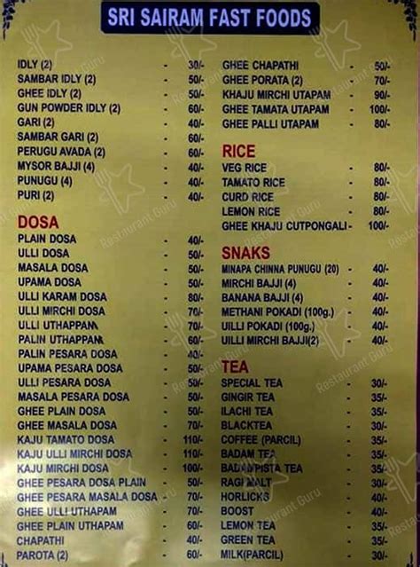 Menu at Sri Sai Ram Fast Foods, Vijayawada