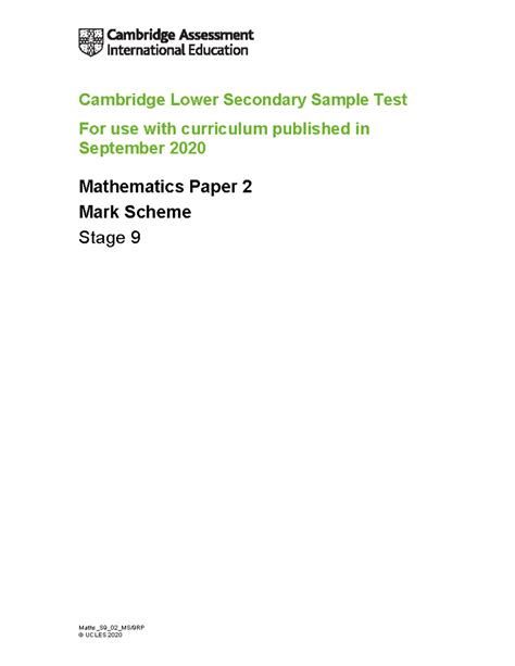 Mathematics Stage 9 Paper 2 Mark Scheme (UCLES 2020) - Studocu