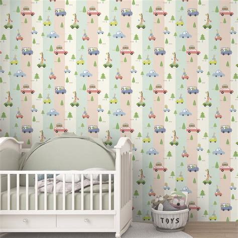 Animal Explorers on Wheels, Adorable Wallpaper Design for Kids, Stripes ...