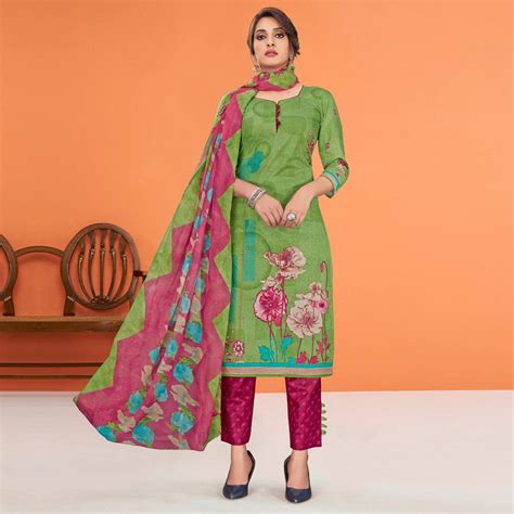 Green Printed Cotton Blend Dress Material
