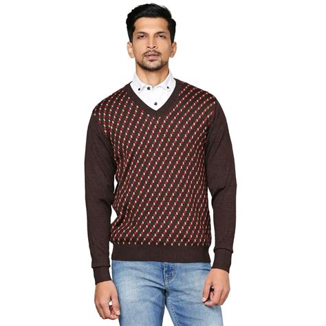 Men Brown Jacquard Wool Blend Full Sleeve V Neck Collar Sweaters ...
