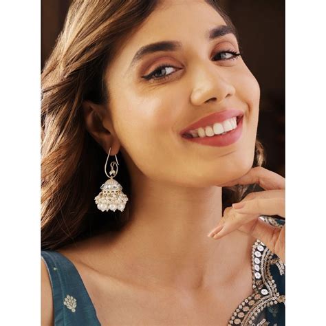 Buy Priyaasi White Kundan Pearls Hanging Gold Plated Jhumka Earrings Online