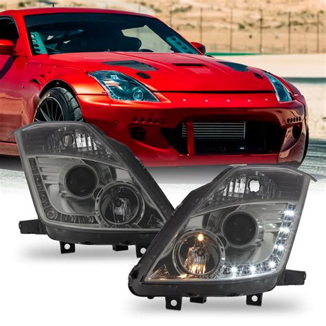 AKKON - For Nissan 350Z Fairlady Z33 Smoked Smoke DRL Daylight LED Strip Halogen Type Projector ...