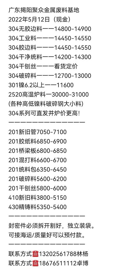 广东揭阳聚众金属废不锈钢采购价（2022.5.7）_我的钢铁网