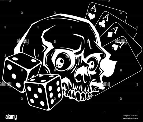 white silhouette of skull Gambling elements concept with royal flush poker on black background ...